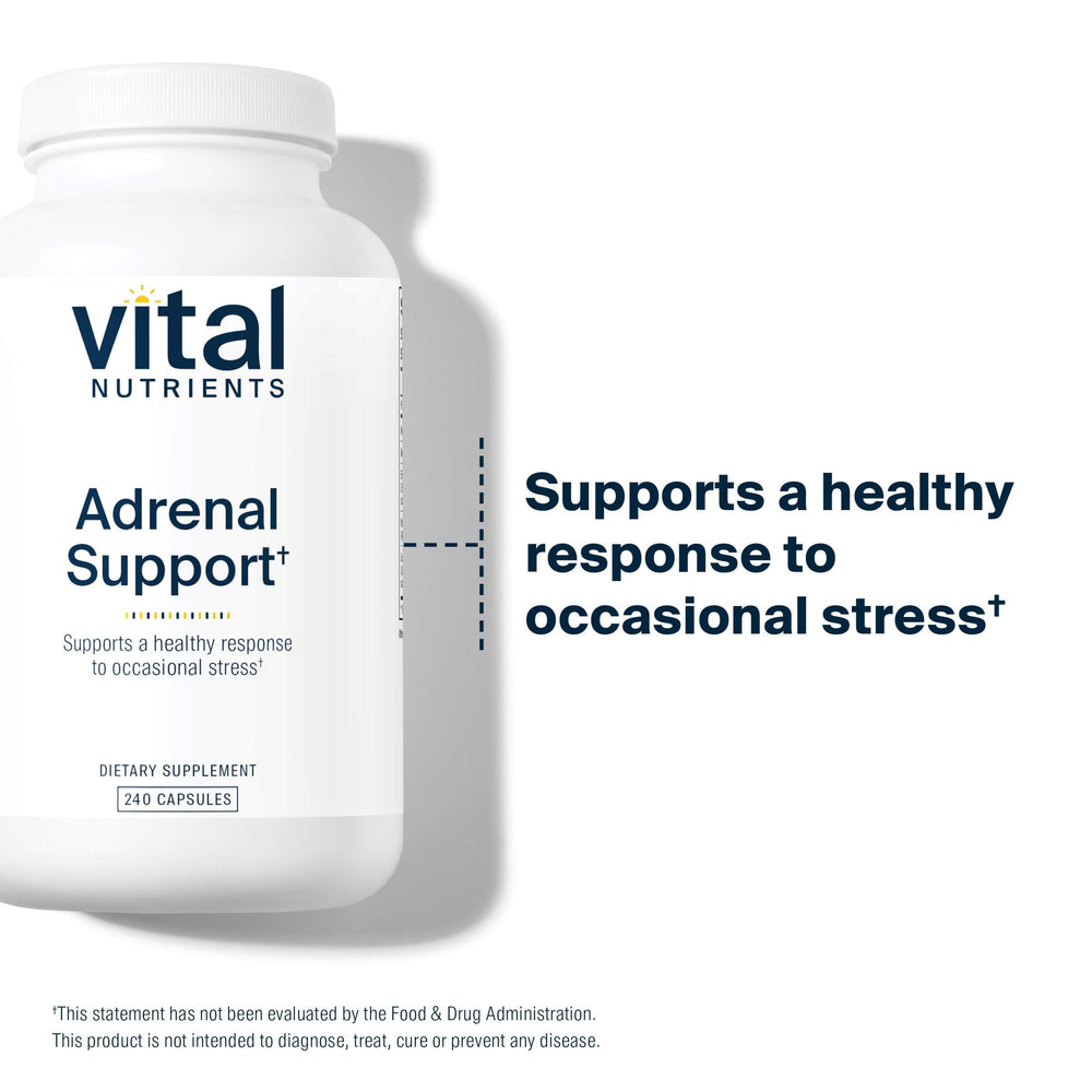Vital Nutrients Adrenal Support label showcases clean-label, non-GMO formulation.