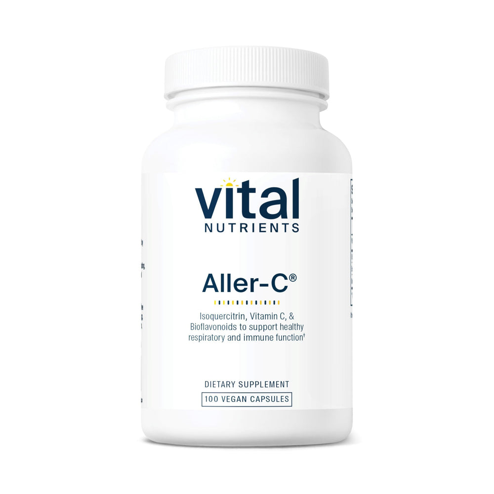 Vital Nutrients Aller-C bottle label shows vegan formula for respiratory support.