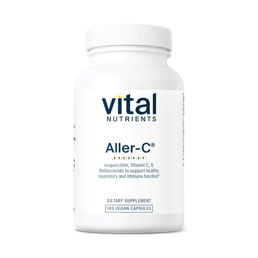 Vital Nutrients Aller-C bottle label shows vegan formula for respiratory support.