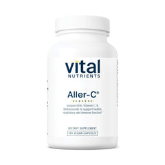 Vital Nutrients Aller-C bottle label shows vegan formula for respiratory support.