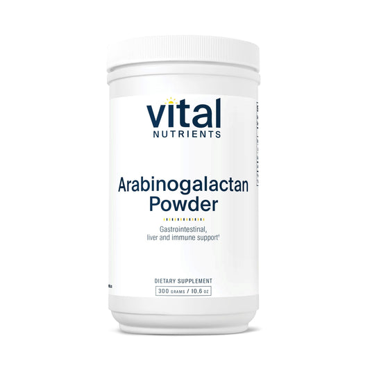 Vital Nutrients Arabinogalactan powder bottle shows vegan prebiotic fiber for gut support.