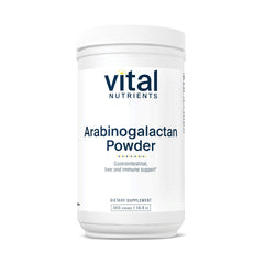 Vital Nutrients Arabinogalactan powder bottle shows vegan prebiotic fiber for gut support.