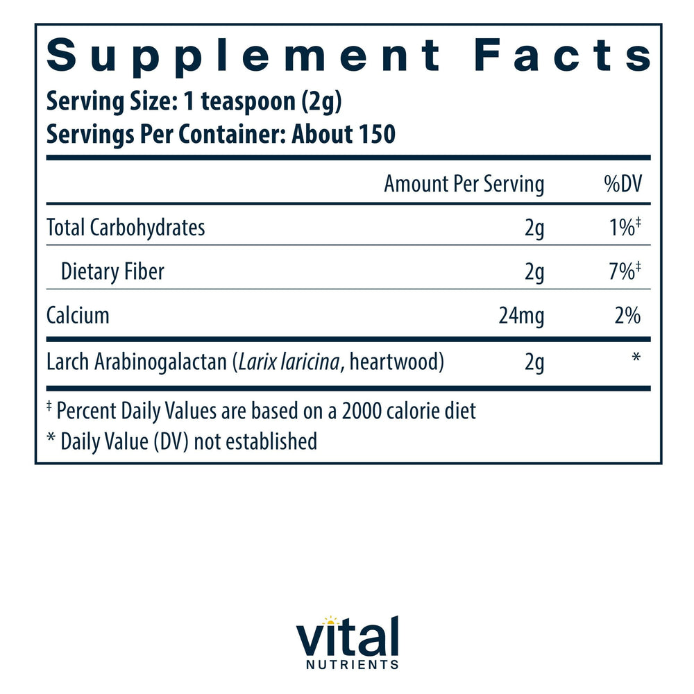 Vital Nutrients Arabinogalactan powder scoop highlights convenient daily use.