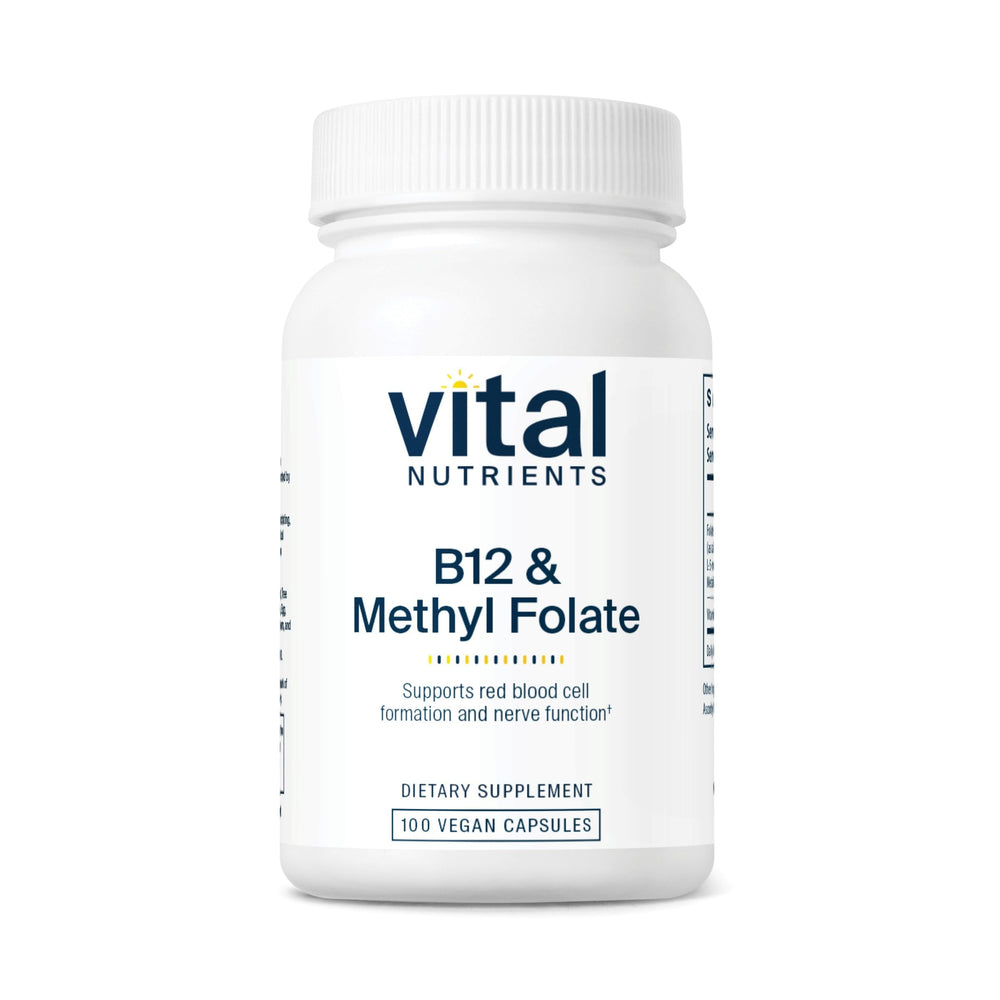 Vital Nutrients Vitamin B12 & Methyl Folate bottle on white surface for energy metabolism support