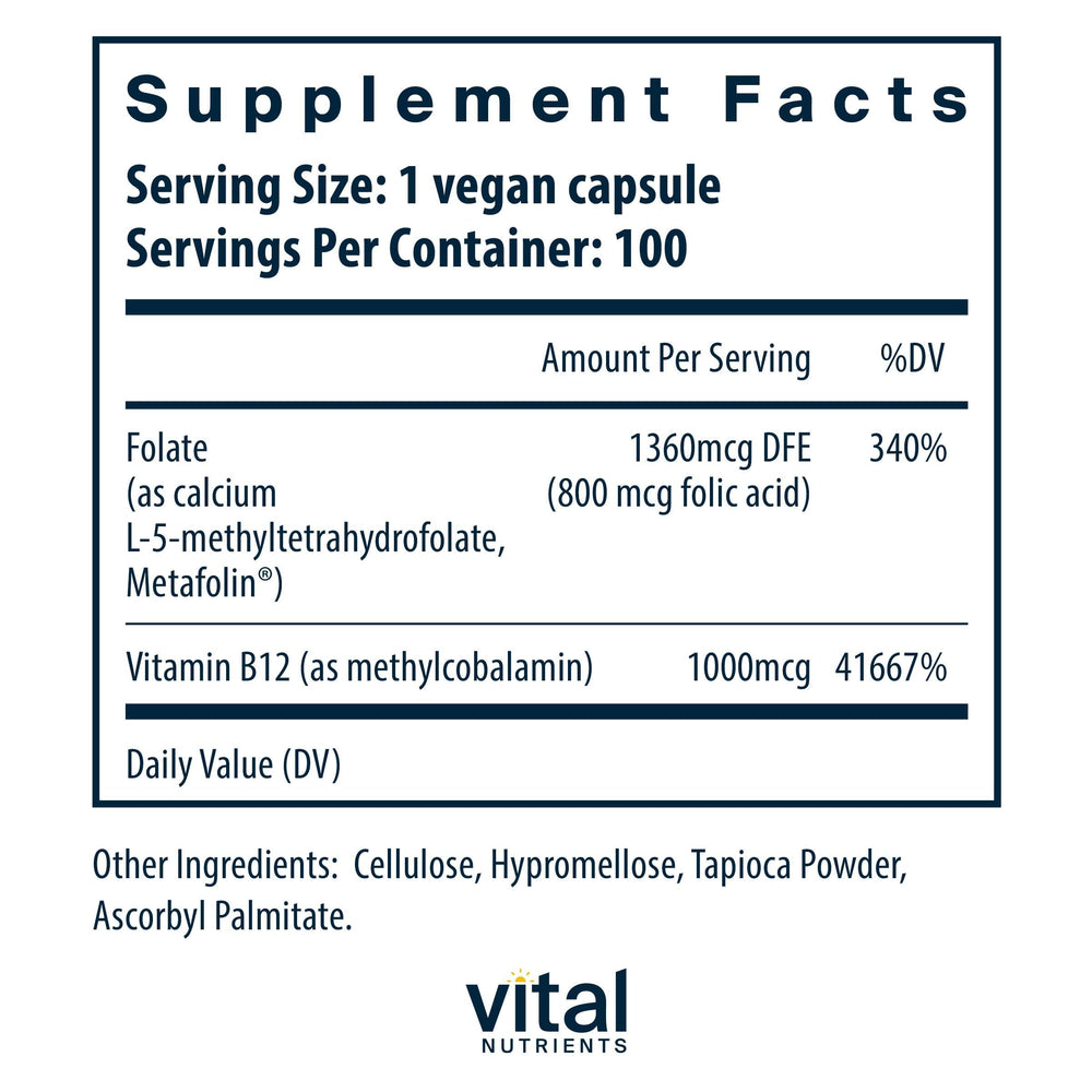 Vital Nutrients B12 & Methyl Folate cap close-up, vegan methylated vitamins designed for daily wellness