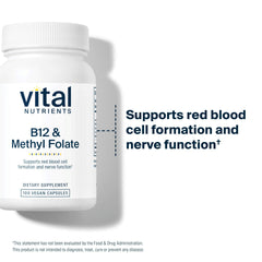 Vital Nutrients B12 & Methyl Folate capsule line next to label, highlighting purity and potency