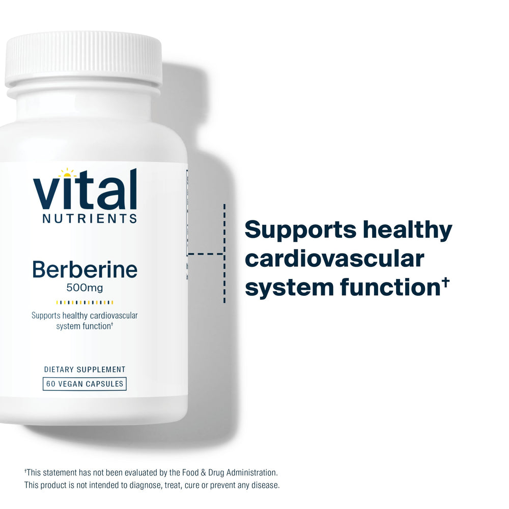 Vital Nutrients Berberine vegan capsules on bottle indicating trusted, practitioner-backed quality