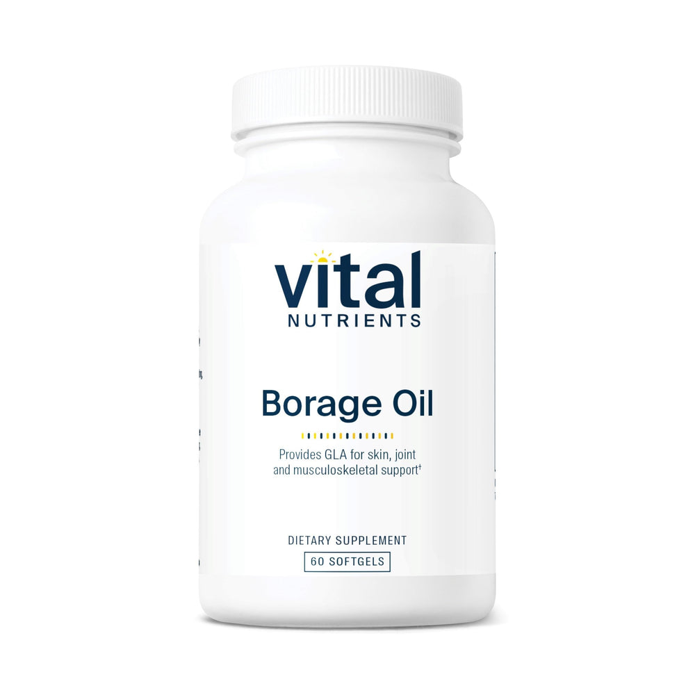 Vital Nutrients Borage Oil bottle showing 1000mg GLA for skin support