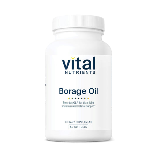 Vital Nutrients Borage Oil bottle showing 1000mg GLA for skin support