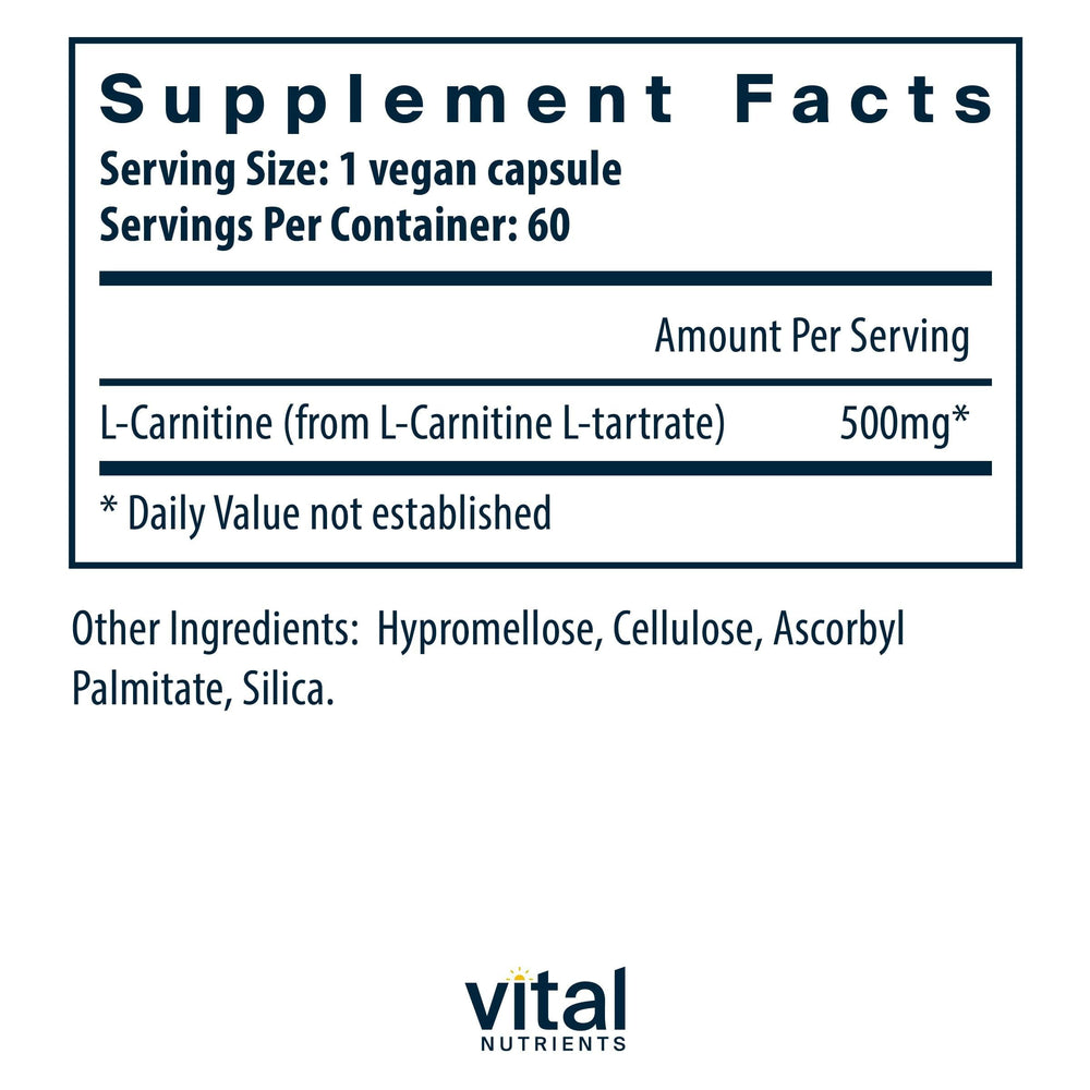 Vital Nutrients Carnitine 500mg label highlighting vegan and non-GMO