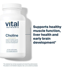 Vital Nutrients Choline 550mg vegan formula label, non-GMO and allergen-free.