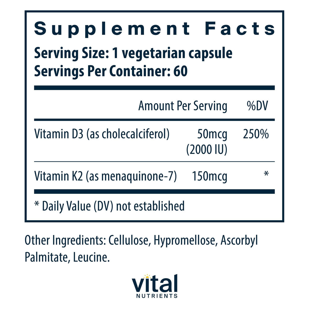 Vital Nutrients d3-k2 capsules close-up highlights softgel capsules for absorption