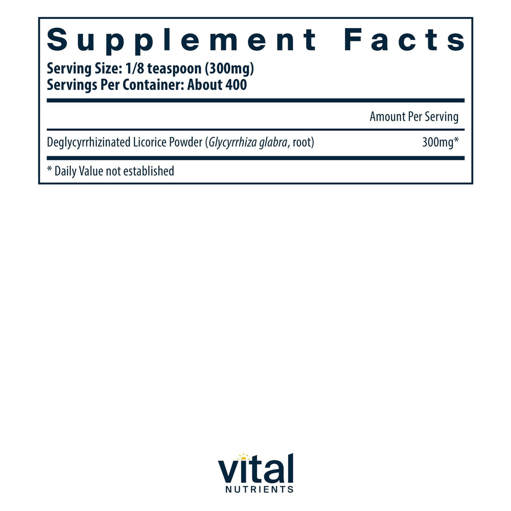 Label details of Vital Nutrients DGL Powder showing gluten-free and non-GMO ingredients.