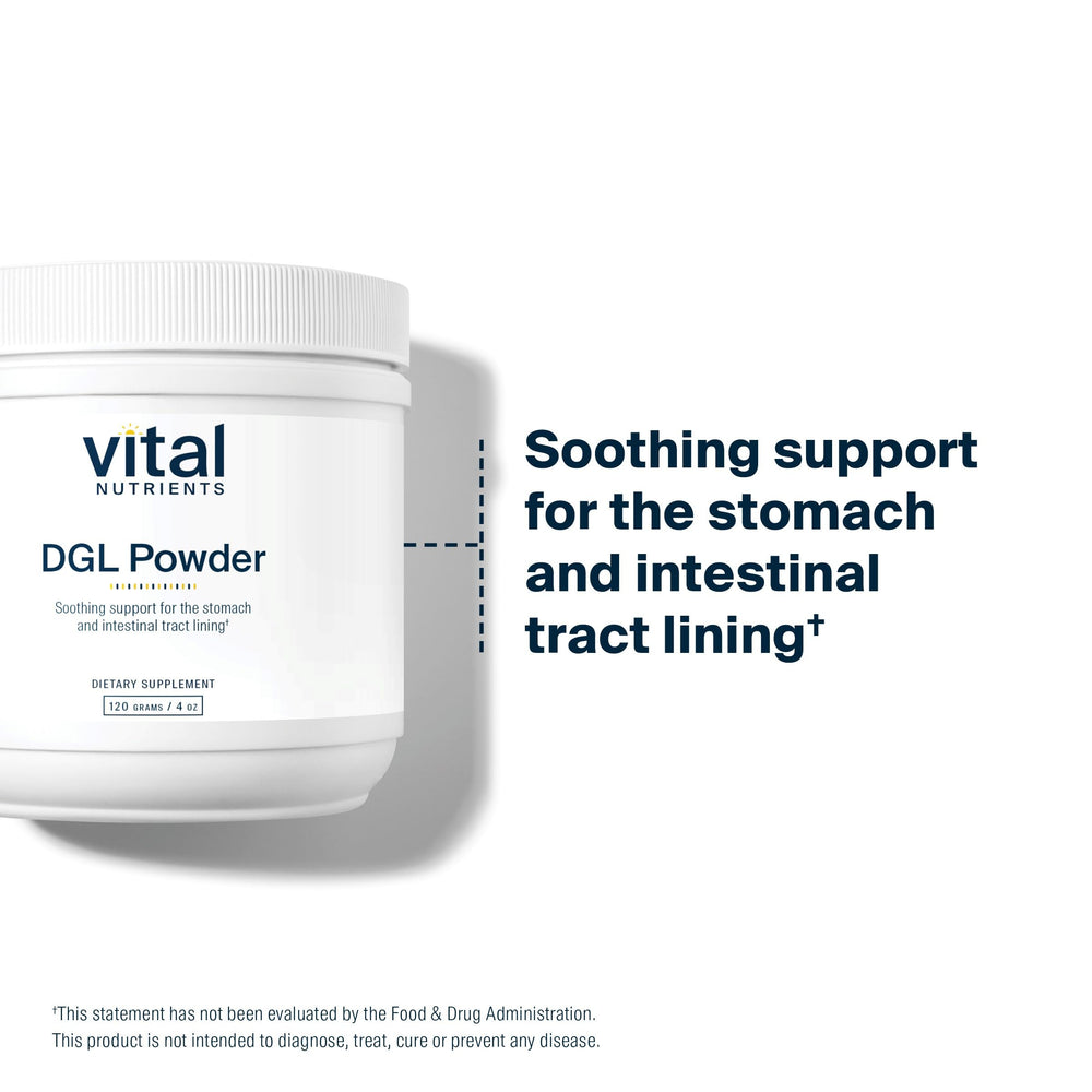 Secure packaging of Vital Nutrients DGL Powder helps preserve freshness and integrity.