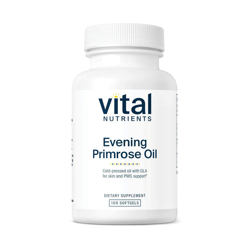 Vital Nutrients Evening Primrose Oil bottle showing label with non-GMO and gluten-free features.