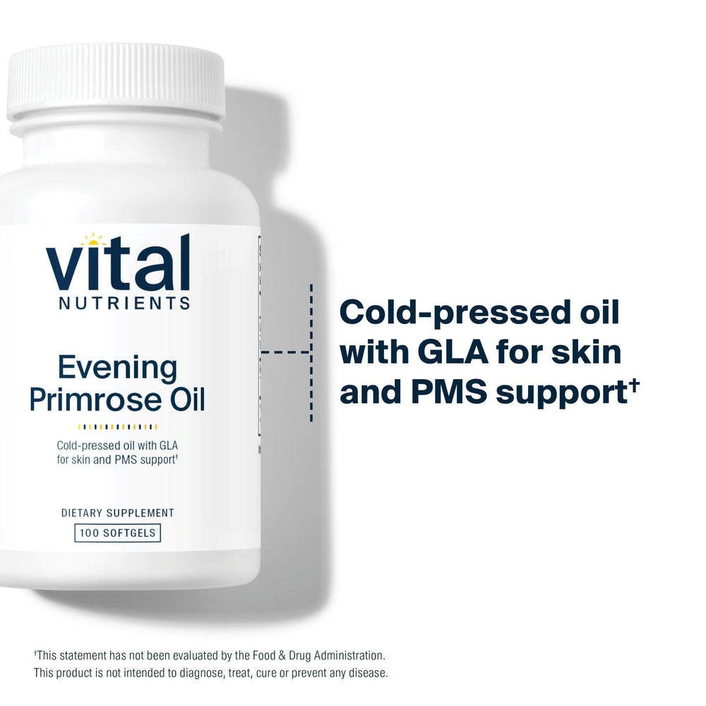 Vital Nutrients Evening Primrose Oil label detail featuring third-party testing and clean formula.