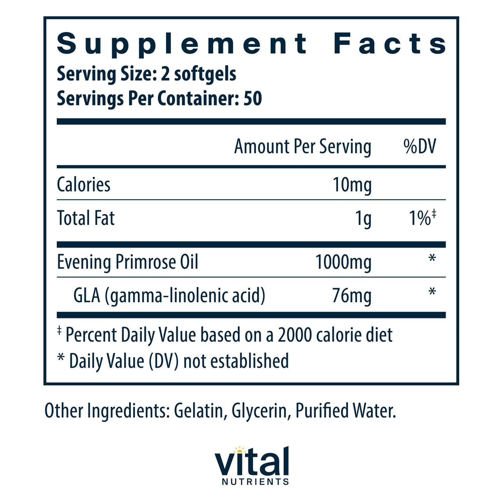 Vital Nutrients Evening Primrose Oil softgels close-up highlighting capsule texture and potency.