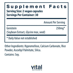 Vital Nutrients Genistein capsules closeup highlights smooth capsules for easy swallowing.