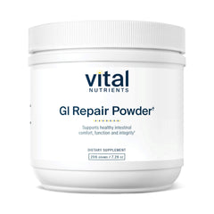 Vital Nutrients GI Repair Powder bottle close-up highlighting gut support benefits.
