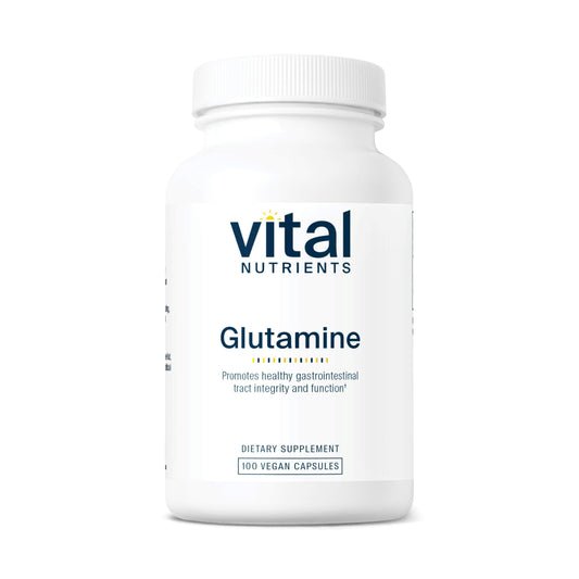 Vital Nutrients Glutamine capsules bottle on shelf supports GI comfort.