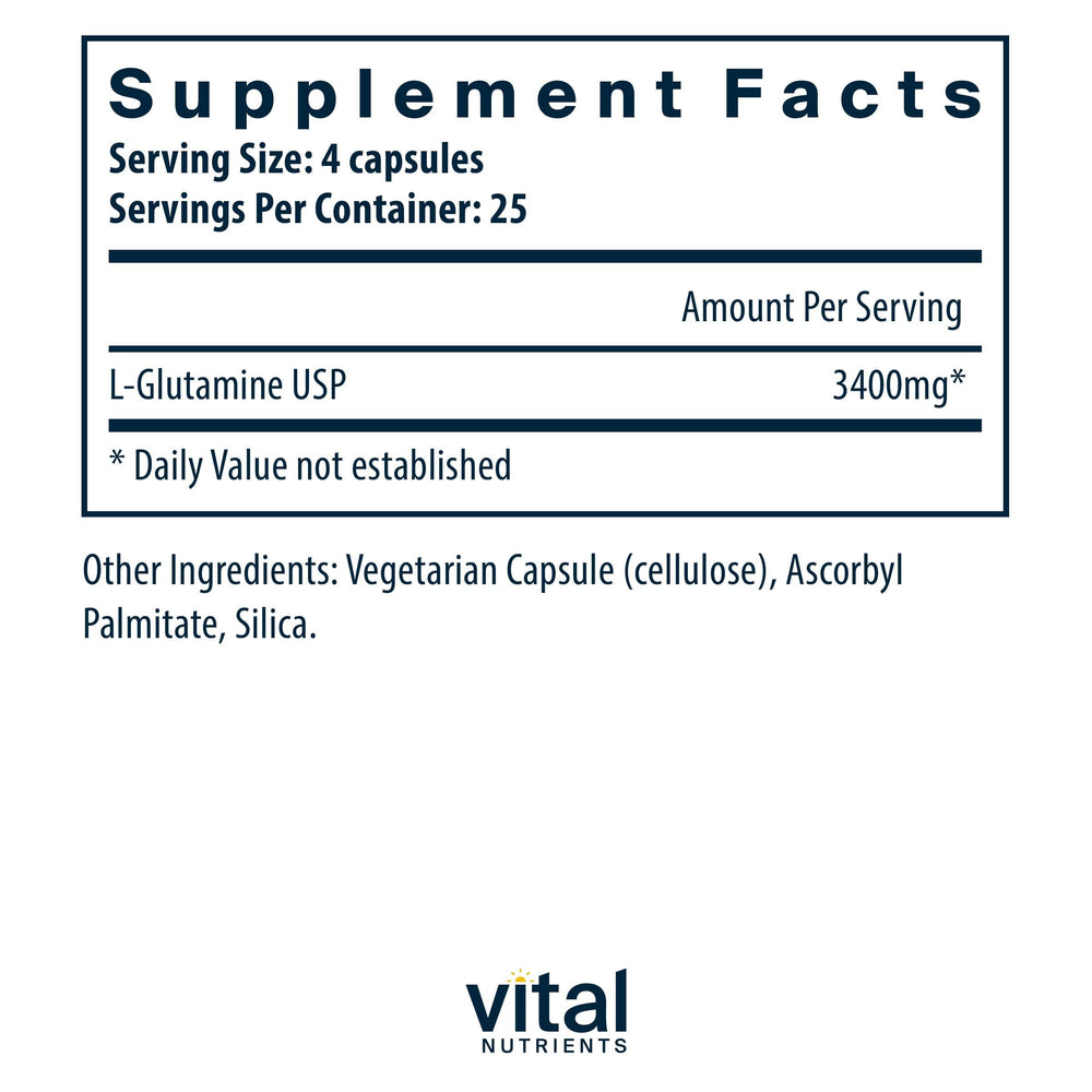 Vital Nutrients Glutamine capsules close-up highlighting gluten-free formula for sensitive diets.