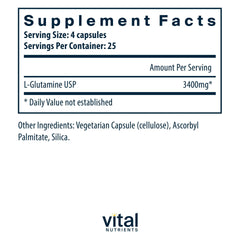 Vital Nutrients Glutamine capsules close-up highlighting gluten-free formula for sensitive diets.