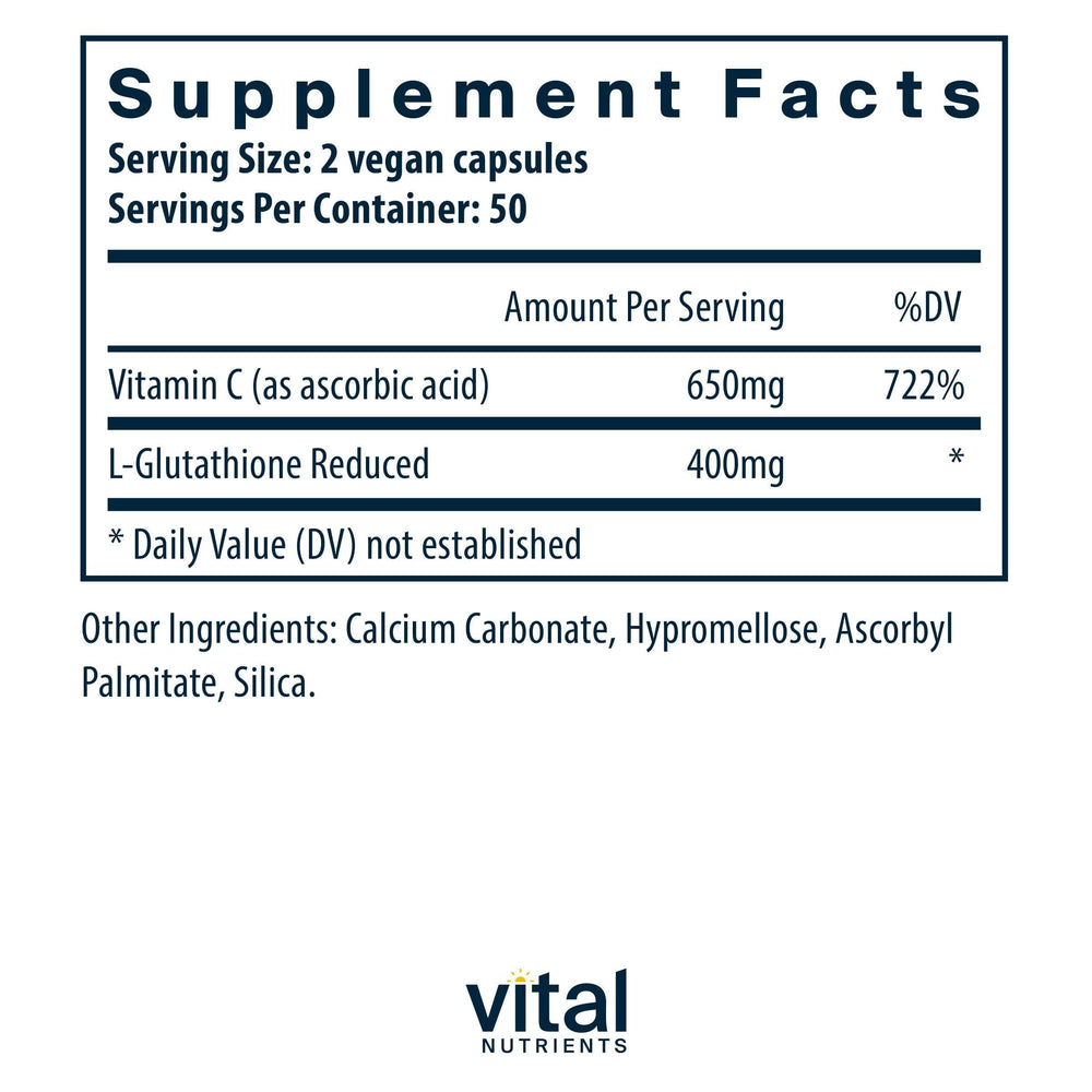 Vital Nutrients Glutathione capsules close-up emphasizing vegan formula and clean label.
