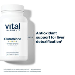 Vital Nutrients Glutathione bottle close-up signals quality and testing.
