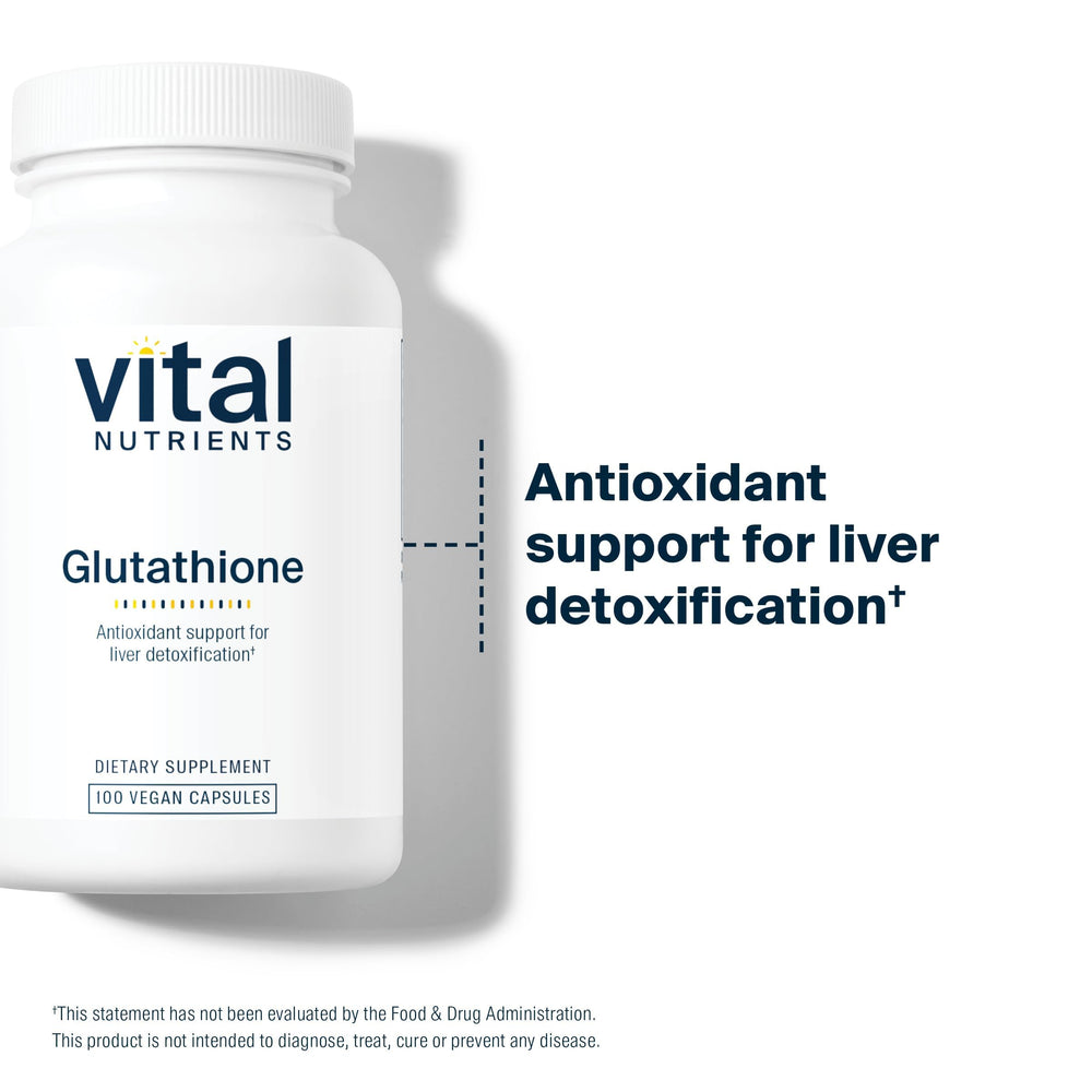Vital Nutrients Glutathione packaging highlights vegan formula and purity.
