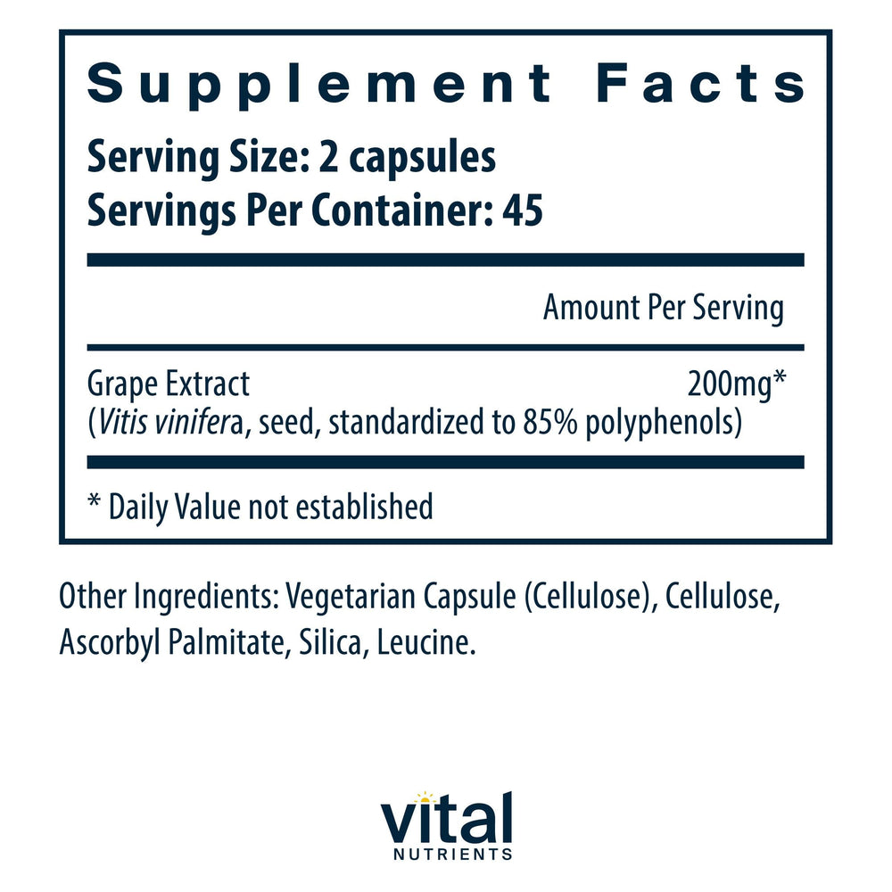 Vital Nutrients grape seed capsules closeup highlights easy daily supplementation for circulation.