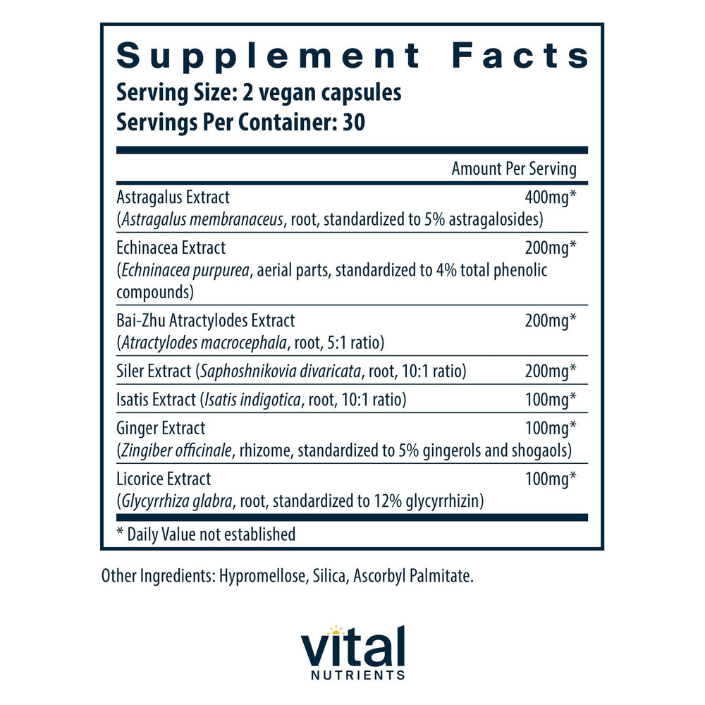 Vital Nutrients Immune Support bottle label closeup highlighting clean vegan formula.