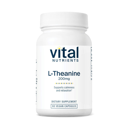 Vital Nutrients L-Theanine 200mg bottle for calm focus and relaxed alertness.