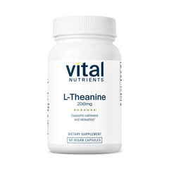 Vital Nutrients L-Theanine 200mg bottle for calm focus and relaxed alertness.