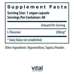 Vital Nutrients L-Theanine capsules close-up promoting steady mood and clarity.