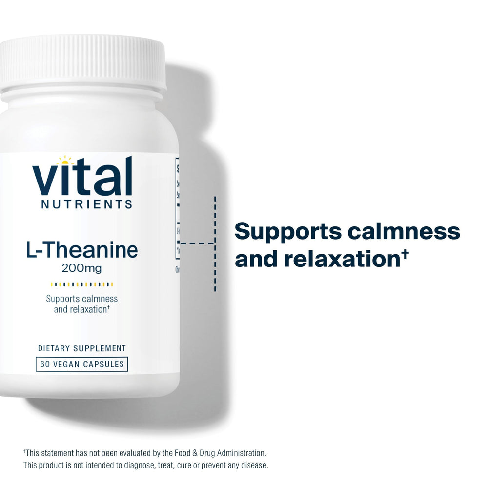 Vital Nutrients L-Theanine packaging back view highlighting vegan formula.