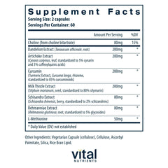 Vital Nutrients Liver Support bottle side view with product details and dosage information.