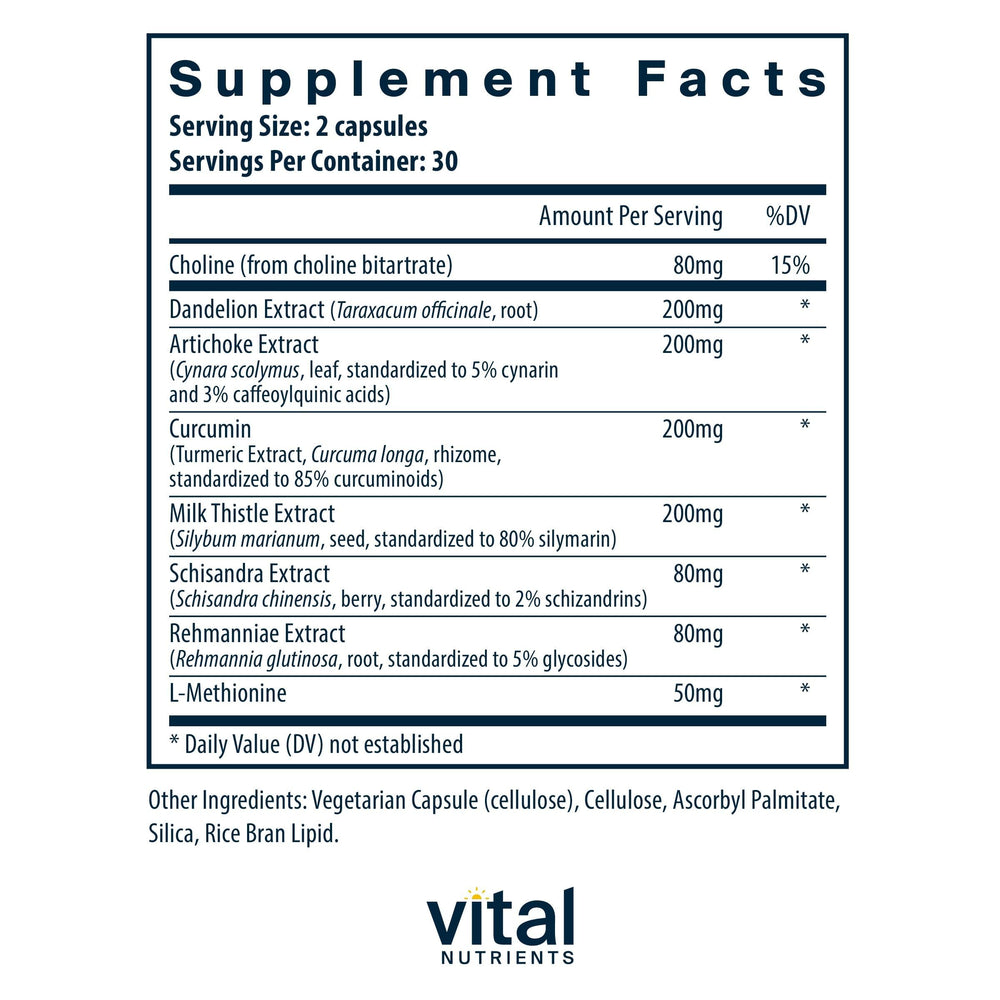 Vital Nutrients Liver Support ingredients close-up featuring milk thistle and curcumin.