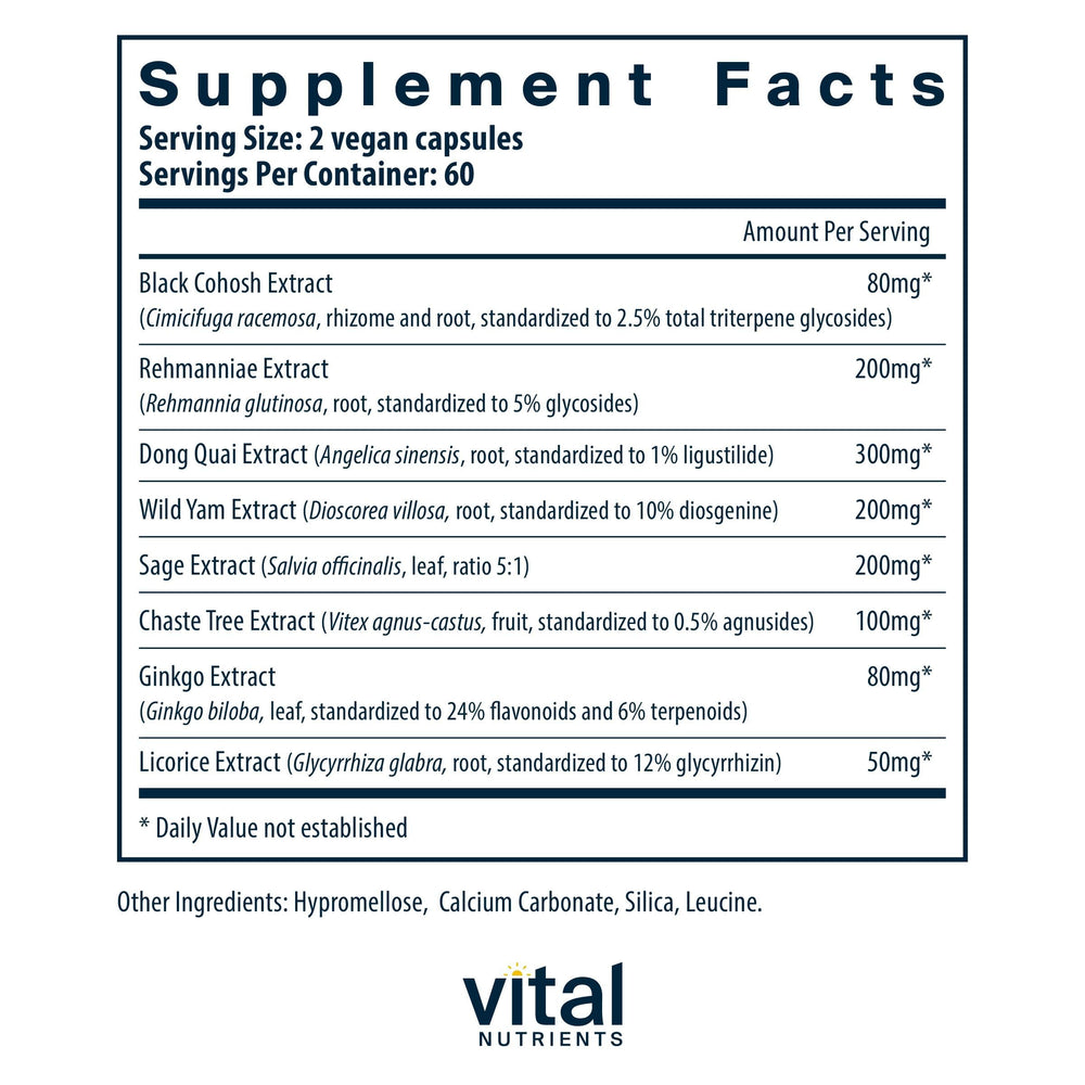 Close-up of vegan capsules from Vital Nutrients Menopause Support for daily use