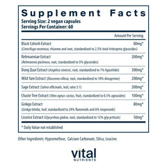 Close-up of vegan capsules from Vital Nutrients Menopause Support for daily use