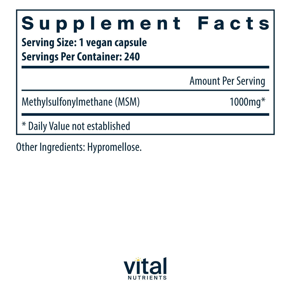 Vital Nutrients MSM 1000mg label close-up highlighting non-GMO and allergen-free formula