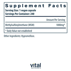Vital Nutrients MSM 1000mg label close-up highlighting non-GMO and allergen-free formula