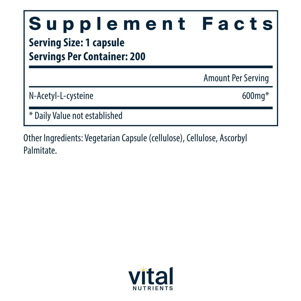 Vital Nutrients NAC 600mg capsules closeup showing vegan and allergen-free formula
