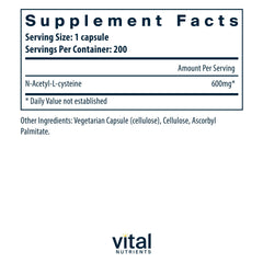 Vital Nutrients NAC 600mg capsules closeup showing vegan and allergen-free formula