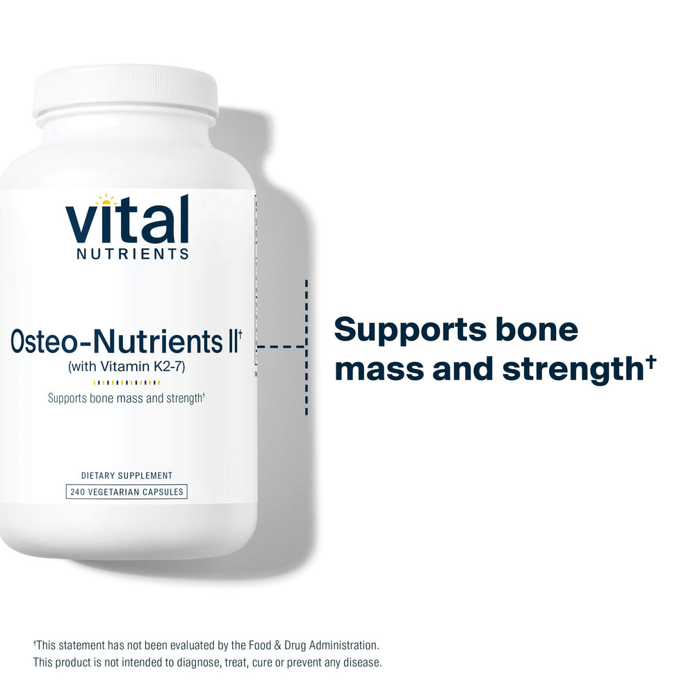 Vital Nutrients Osteo-Nutrients II close-up of capsule texture and product claims.