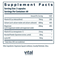 Vital Nutrients Osteo-Nutrients label highlights vitamin K2-7 and D3 for bone support.