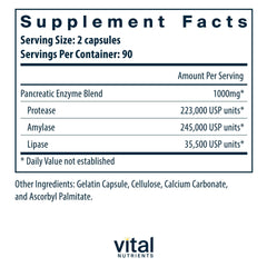 Close-up of Vital Nutrients Pancreatic Enzymes capsules highlighting the lactose-free formula.