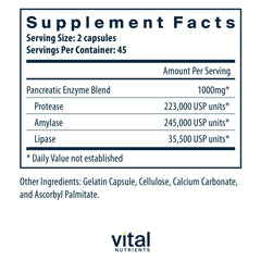 Vital Nutrients Pancreatic Enzymes label closeup highlighting protease and lipase enzymes