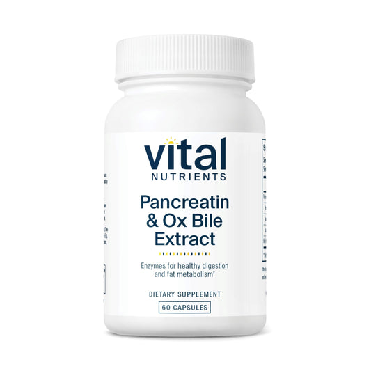 Vital Nutrients Pancreatin & Ox Bile 500mg bottle front for balanced digestion after meals