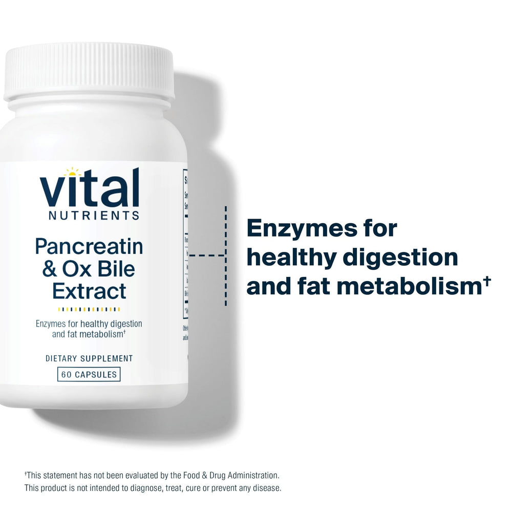 Vital Nutrients Pancreatin & Ox Bile 500mg capsules pour showing easy-to-swallow convenience