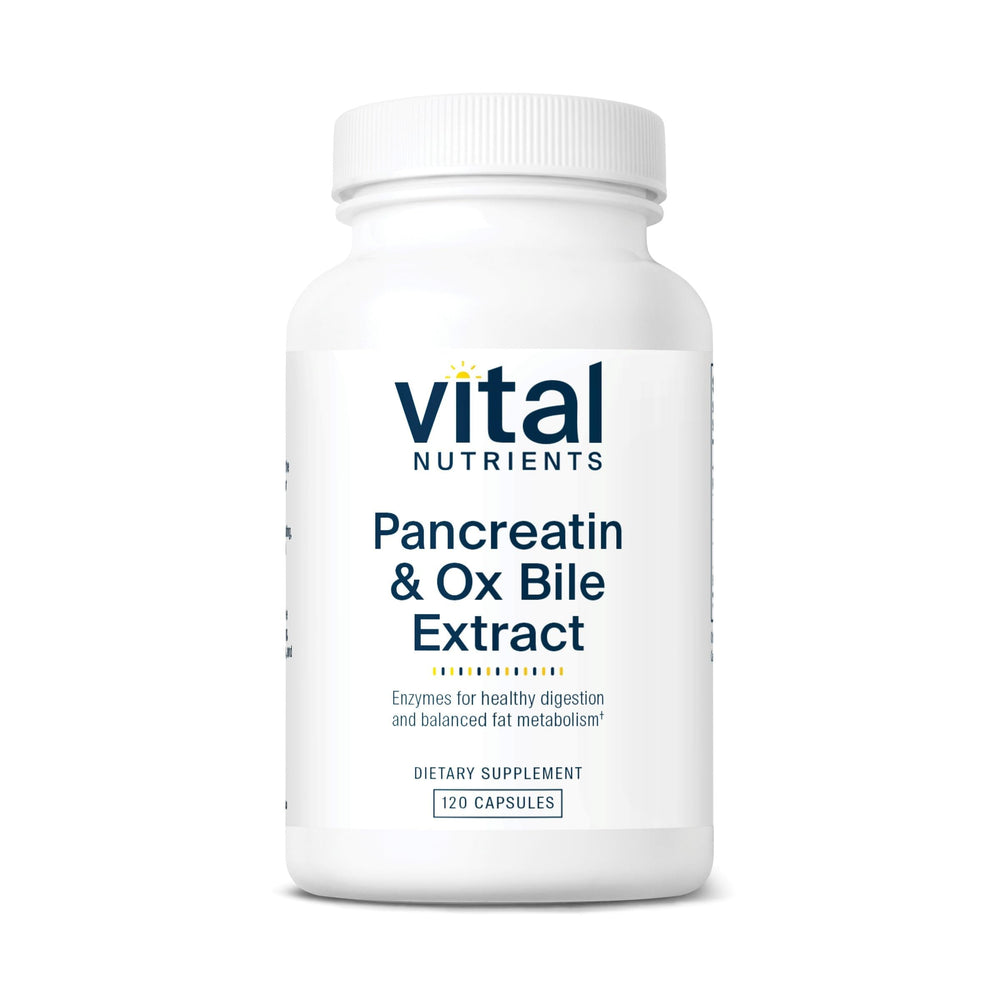 Vital Nutrients Pancreatin & Ox Bile capsules bottle cap supports digestion after meals.